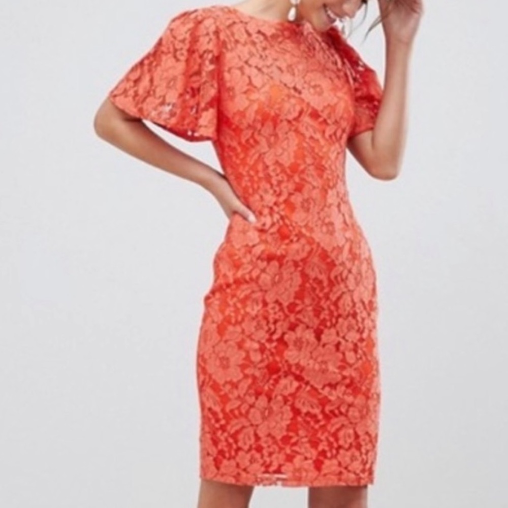 Orange floral lace pencil dress.